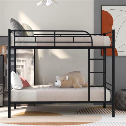 Twin Over Twin Metal Bunk Bed Bedroom with Ladder Black for Kids Adult Children