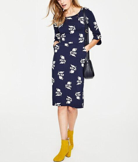 BODEN Jessie Jersey Knit Day Dress Navy Blue Off White Floral, Size 8 R |  eBay
