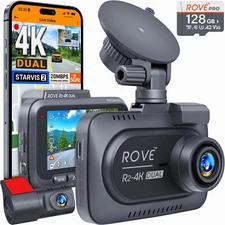 ROVE R2-4K DUAL Dash Cam Front & Rear | STARVIS 2, 128GB Card, 20MBps WiFi Speed