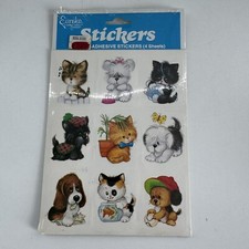 Vintage 1980 Eureka Sticker Sheet NOS Cats Kittens Puppies dogs 4 Sheets