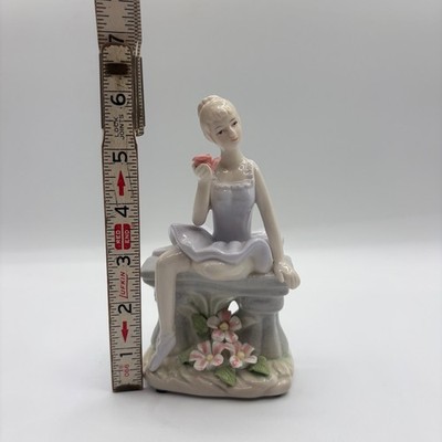 VTG Pastel Pink Porcelain Figurine Young Ballerina on Bench Applied Flowers 6'' H