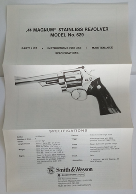 #ad #ad Samp;W .44 MAGNUM STAINLESS REVOLVER MODEL NO. 629 INSTRUCTIONS SPECS SHEET $19.95