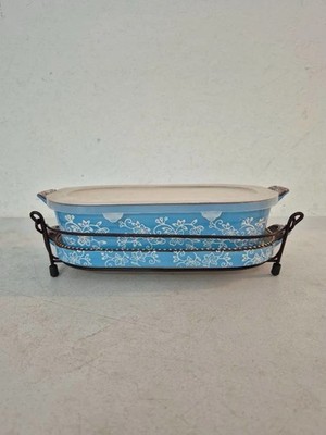 Rare Tara Temptations Floral Lace Light Blue 2 QT Baker Dish, Trivet & Wire Rack