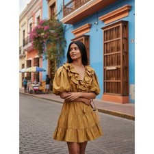Ulla Johnson Maude Ruffle Puff Sleeve Cotton Poplin Wrap Mini Dress Mustard Sz 6
