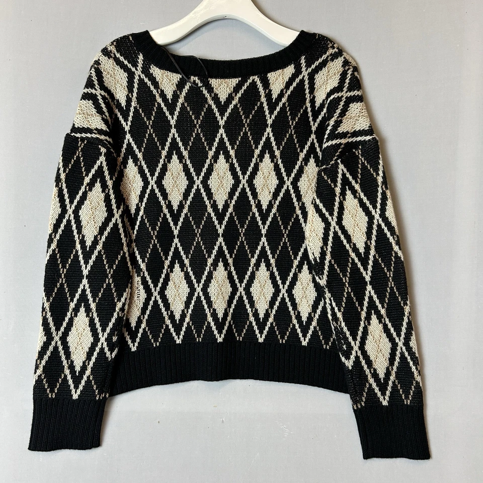 Suéter Belle De Jour Top Mujer Mediano Negro Beige Pullover Cuello en V Suelto Tejido Foto 2 de 4