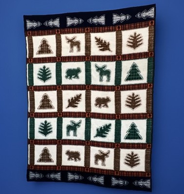 Lodge Blanket Rustic Bears Trees  Leaves moose  55 x 75  Brown Green Blue Orange