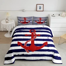 Nautical Anchor Comforter Set Queen,Geometric Stripes Duvet Insert Ocean Adve...