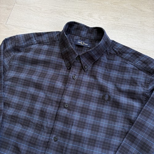 Fred Perry, FRED PERRY Long Sleeve Check Shirt Black Blue Mens Size Extra Large Mod 60s