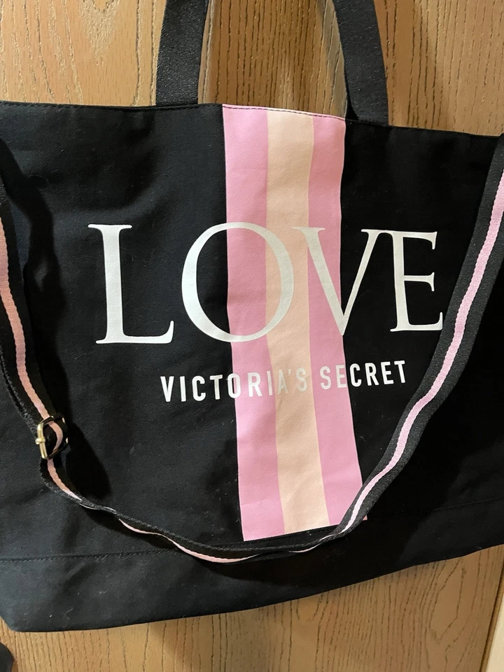  Victoria's Secret LOVE Zip Canvas Tote Bag Weekender Strap Black Pink - Image 2 of 4