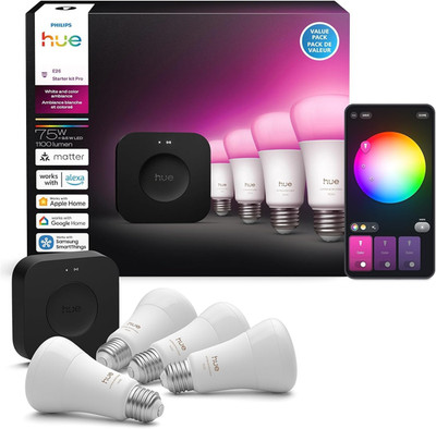 Philips Hue Starter Kit: Bridge Pro + 4 A19 E26 Smart Bulbs, White & Color Ambia