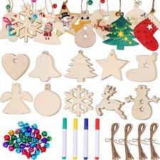 50 Pcs Wooden Christmas Ornaments Unfinished Wood Slices w/ Holes for DIY Crafts