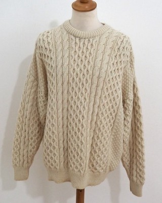 GAELTARRA Aran Herren Pullover Gr. XXL Wollweiß Zopfmuster Strick Wolle Vintage