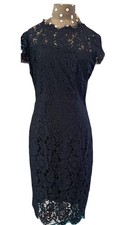 Lace Sheath Dress Medium Black Short Sleeve Scalloped Hem Lined Evening