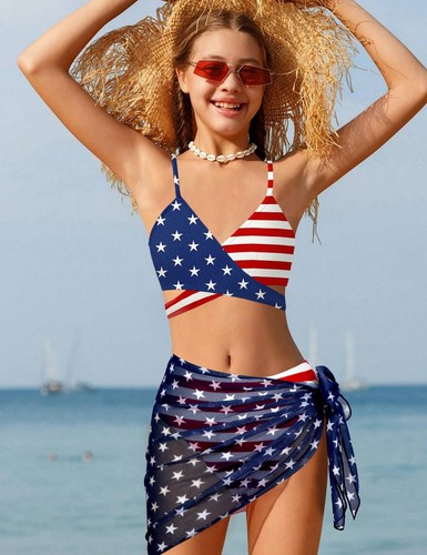 4th of July Girls Swimsuit Size 14-16 American Flag Bathing Suit Girl Criss C... - Picture 3 of 8