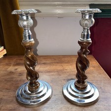 A Pair Of Barley Twist Wooden Candlesticks With Chrome Base and Tops.