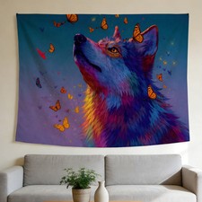 Wolf and Butterfly Tapestry - Vibrant Artistic Style for Home and Wall Decor