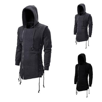 Mens Gothic Longline Hoodie Asymmetrical Zip Lace Up Streetwear Jacket