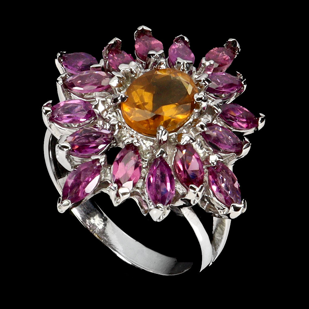 925 Sterling Silver Oval Citrine & Rhodolite Garnet Gemstone Ring Size 8x6mm
