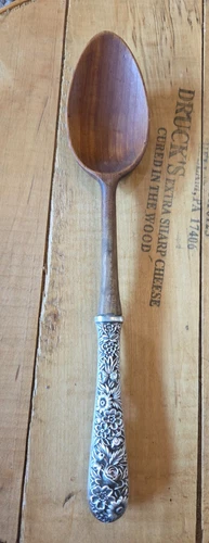 S Kirk & Son Sterling Silver Repousse Salad Serving Spoon Wood Bowl