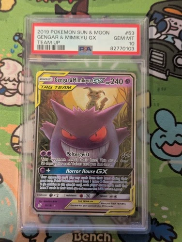 2019 POKEMON SUN & MOON TEAM UP #53 GENGAR & MIMIKYU GX PSA 10
