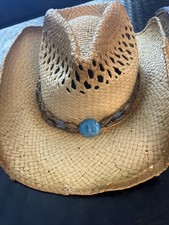 3 Western Woven Straw Cowgirl Hat Turquoise Beaded Band Design 2 Beaded 1 Plain