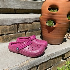 Crocs Youth Classic Fur Lined Pink Clog Sparkle Glitter Fuzzy Size Junior 3