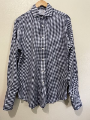 T M Lewin Dress Shirt Men's 16.5 - 34.5 Blue Luxury Slim 100% Cotton Blue Check