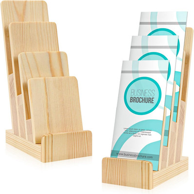 2 Pack Pine Wood Brochure Holder 4×6 Inch Literature Holder 4-Tier Countertop Tr