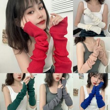 Women Y2K Solid Knitted Fingerless Gloves Arm Warmers Long Sleeve Mittens Punk