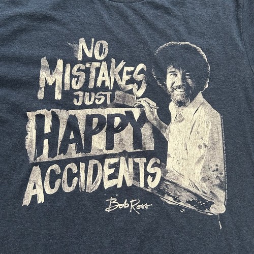Bob Ross Mens T-shirt Grey Medium No Mistakes Just Happy Accidents - Picture 2 of 4