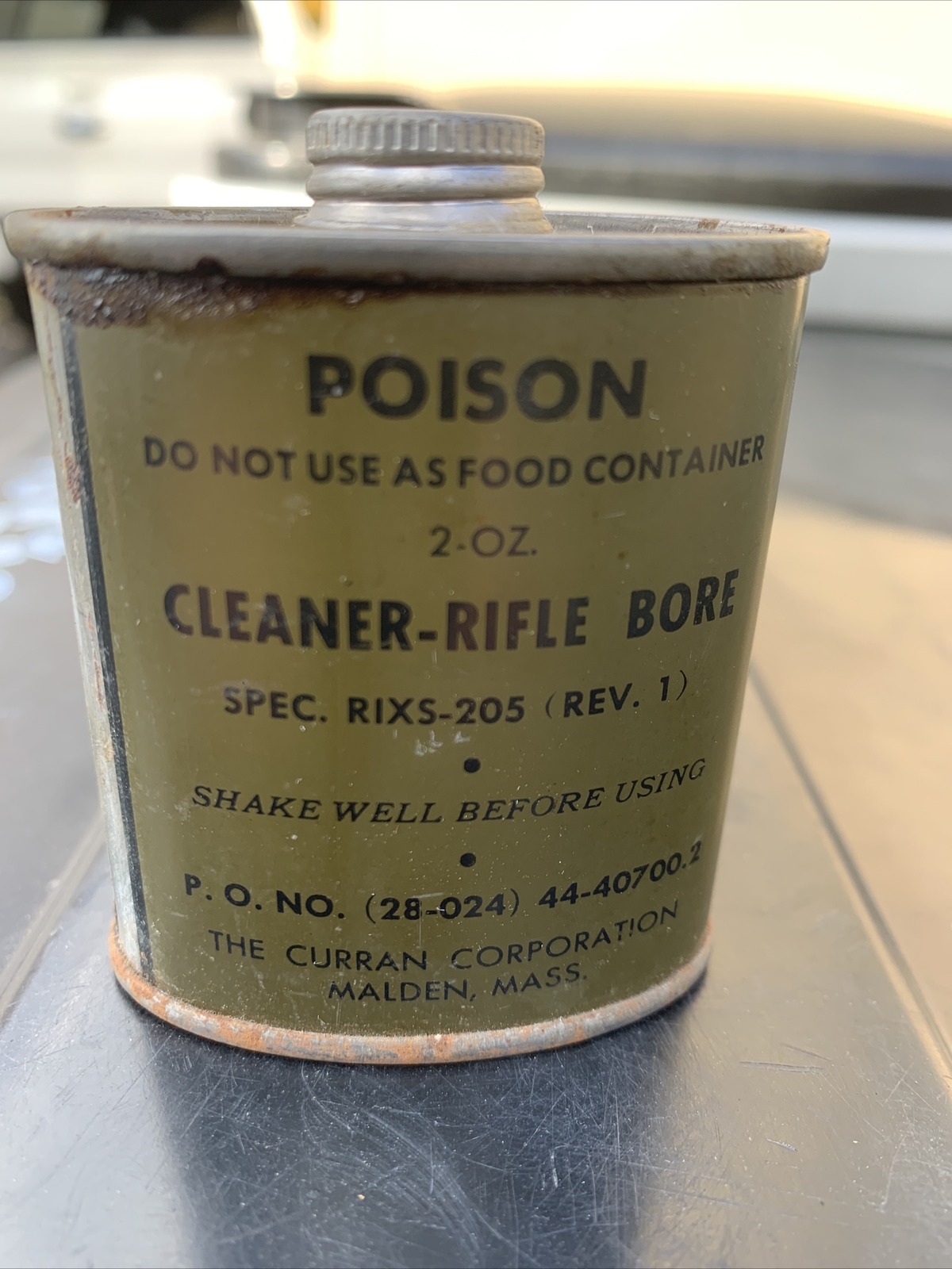 Vintage 2 oz Military Oil Can Rifle Bore Cleaner Poison Malden Mass USA