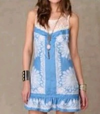 Free People Barbary Coast  print linen lace mini sundress Dress Blue Sz. 2