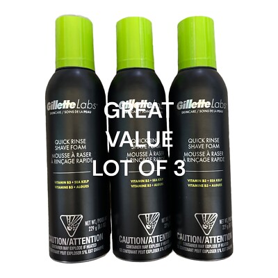 Lot Of 3 Gillette Labs Quick Rinse Shave Foam, 229 g / 8.1 oz SEALED GREAT VALUE