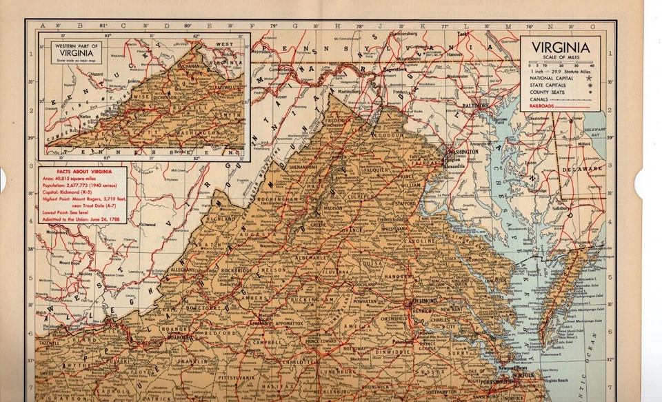 MAPA DEL CONDADO DE VIRGINIA - Con inserción de la región occidental 1948 impresión vintage Foto 3 de 3