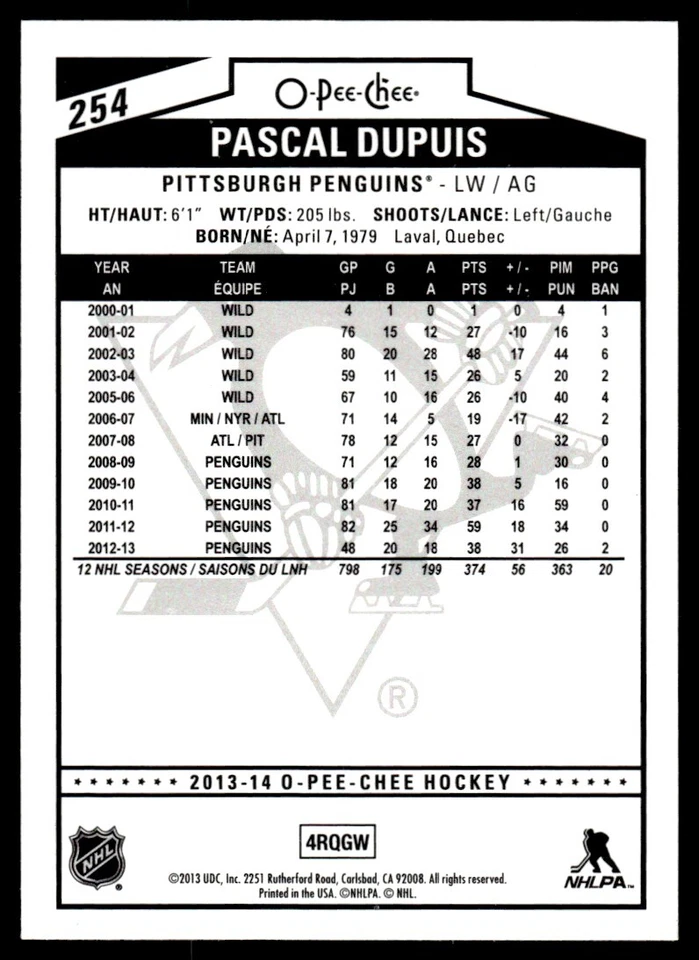 2013-14 O PEE CHEE RAINBOW Pascal Dupuis Pittsburgh Penguins #254 R73 - Image 2 of 2