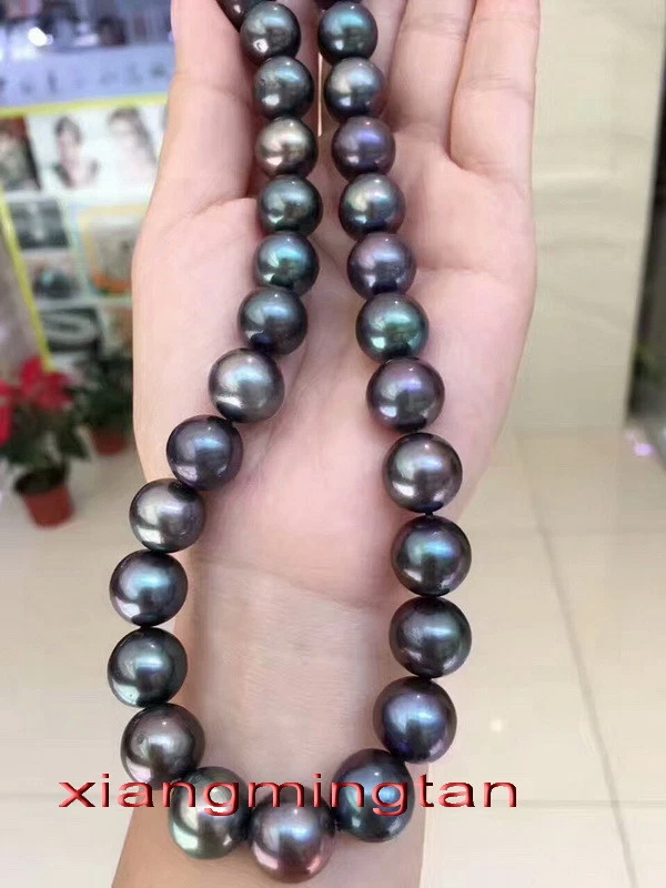 AAAAA 19"13-15mm REAL Tahití Multicolor Azul Rojo Negro Perla Collar Oro 14K Foto 4 de 4