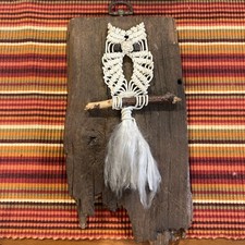 Vintage Small Tan Macrame OWL Wood Beaded Eyes Perched on Drift Wood Boho Hip