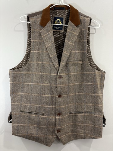 Marc Darcy Suit Waistcoat Size 42R Mens Brown Plaid Check 4 Button