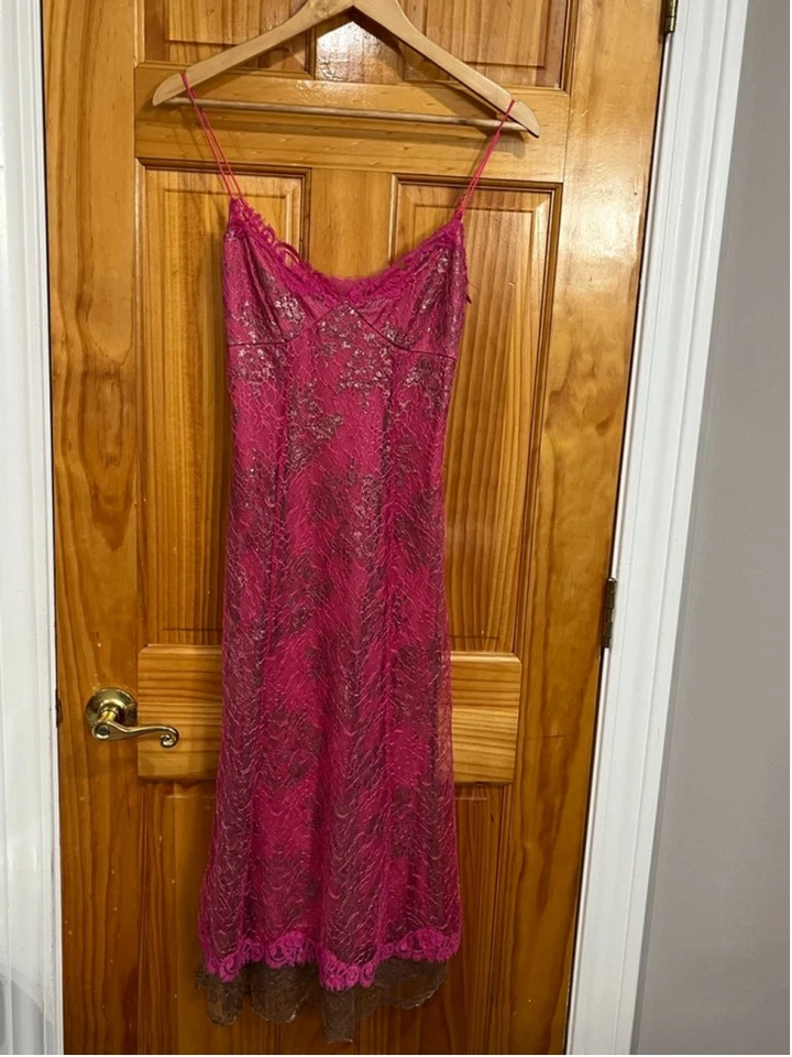 Vintage Betsey Johnson Pink Feminine Dainty Metallic Lace Tulle Slip Dress Sz 2 - Image 4 of 4