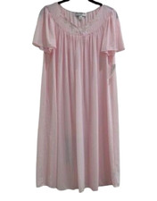 NEW Miss Elaine Nylon Tricot Long Nightgown Pink M Petal Embroidery Flowy