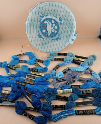 Embroidery Floss Lot: 22 Shades Of Blue & 6 inch Embroidery Hoop with embroidery