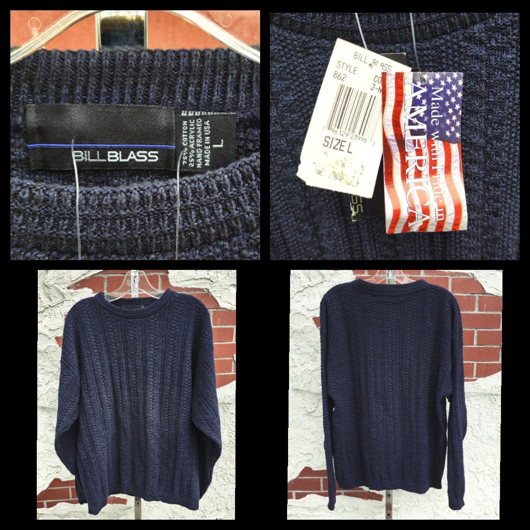 LARGE New Bill Blass Dark Blue Cable Knit Sweater Crewneck Long