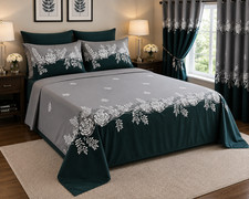 8 pcs king sheet set with matching curtains- Dark Teal / Gray floral super soft