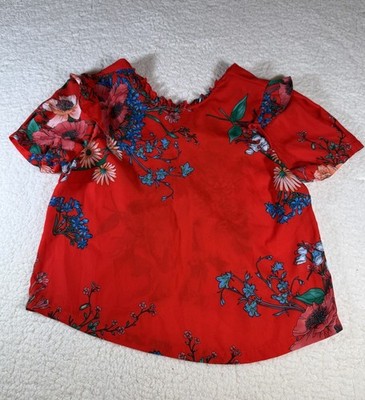 Meraki EUC Woman's Red Floral Blouse Shirt Top XL