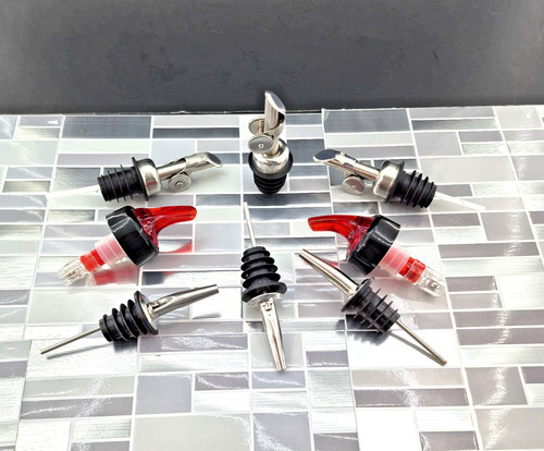 Lot of 8 Liquor & Oil Bottle Pourers | Stainless Steel & Plastic | Barware Mix