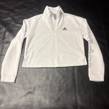 Adidas Essential Women's Fleece Loose Cropped 1/4-Zip Pullover White Sz S