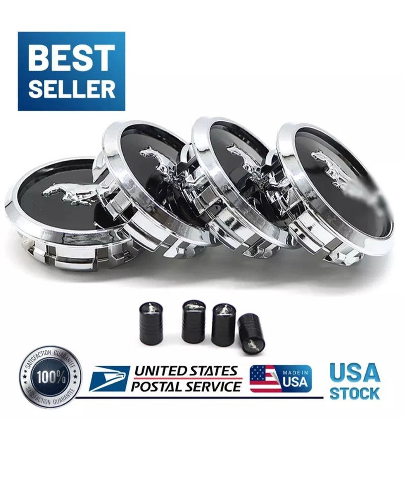 8 Piece Black For Mustang Wheel Rim Center Caps &Tire Valve Air Caps GT Bullit Foto 3 de 4