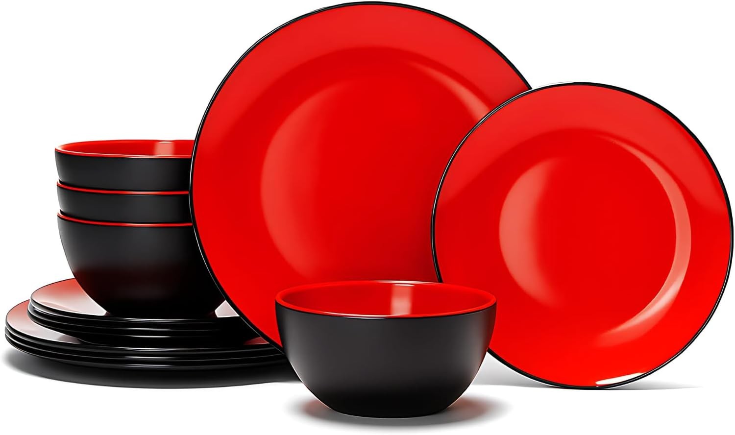 Juego de vajilla de melamina de 12 piezas platos cuencos negro rojo no rompible