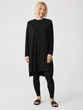 EILEEN FISHER Long Sleeve Viscose Jersey Crew Neck Dress Black $178 Size XS