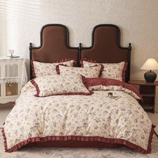 Twin Size Flower Print Duvet Covers with Pale Pink Ruffles Comforter Cover Se...